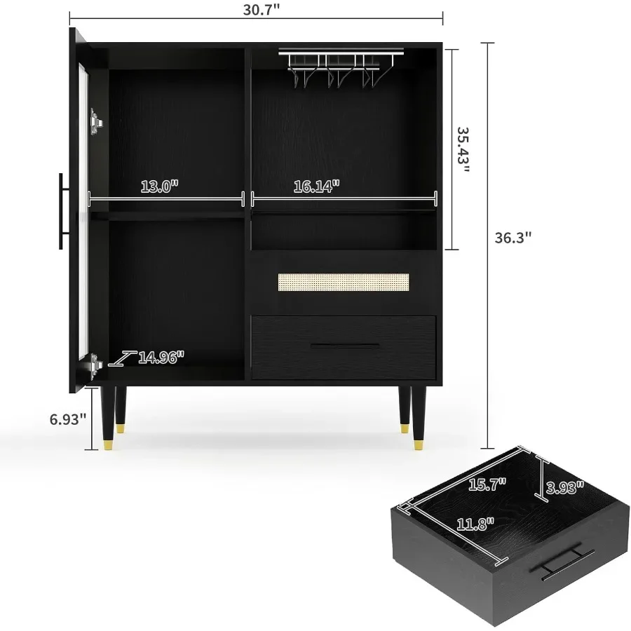 Wine Bar Cabinet with Tempered Glass Door and Rack, 30.7