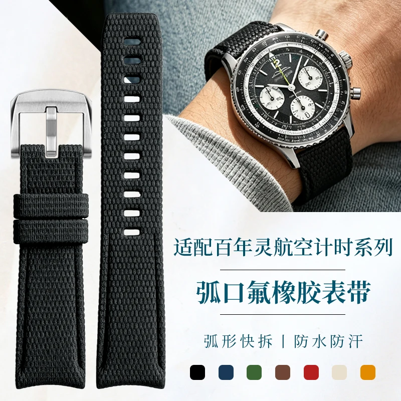 Curved Lug Fluororubber Watch Strap for Breitling Navitimer EB01381A1B1X1 Men’s Watch, Nylon Textured Rubber Band 22mm