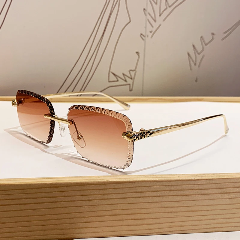 Neues Design Rahmenlose Leopardenkopf-Sonnenbrille zum Autofahren, Sonnenschutz, Modische Metallbrille – Detail 9