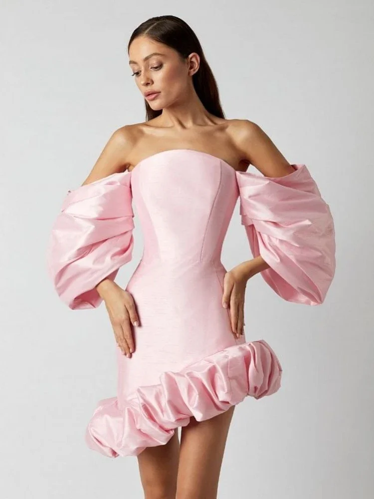 

Sexy Puff Sleeves Slim Tiered Mini Dress Elegant Pink Off Shoulder Asymmetric Ruffle Mini Dress Celebrity Party Club