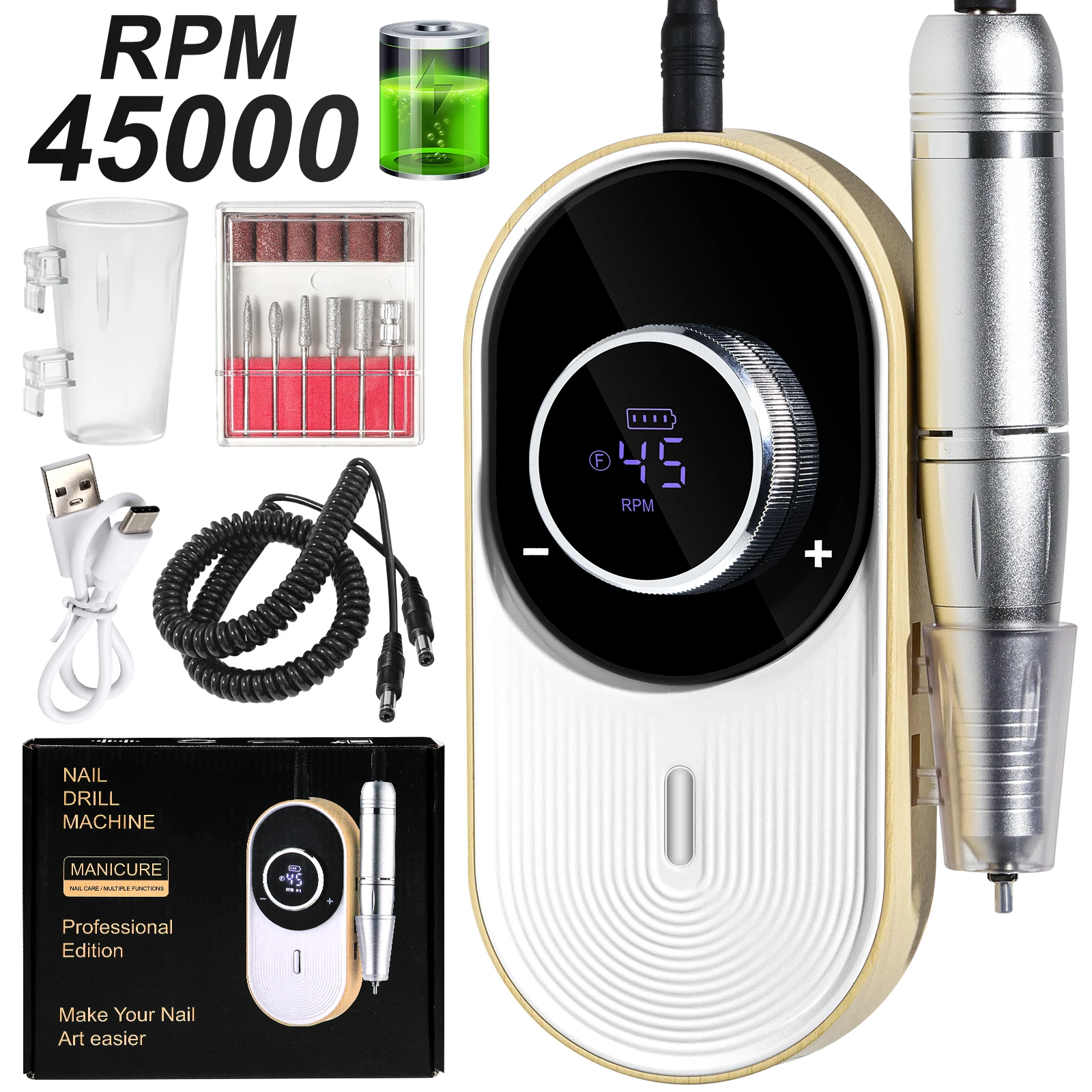 

45000RPM Professional Electric Nail File Rechargeable Manicure Low Noise Electric Nail Drill for Gel Polish Salon Tools