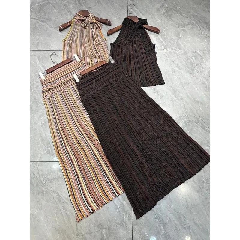Women Turtleneck Tie Ribbon Sequined Sleeveless Top + Elastic Waist Long Skirt Set
