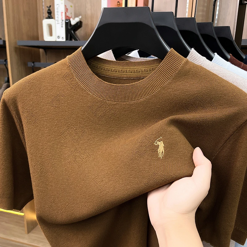 Camiseta Masculina de Malha Gola Redonda de Alta Qualidade, Casual, Bordada, Moderna, Camisa Base de Manga Curta, Cor Sólida, para o Verão