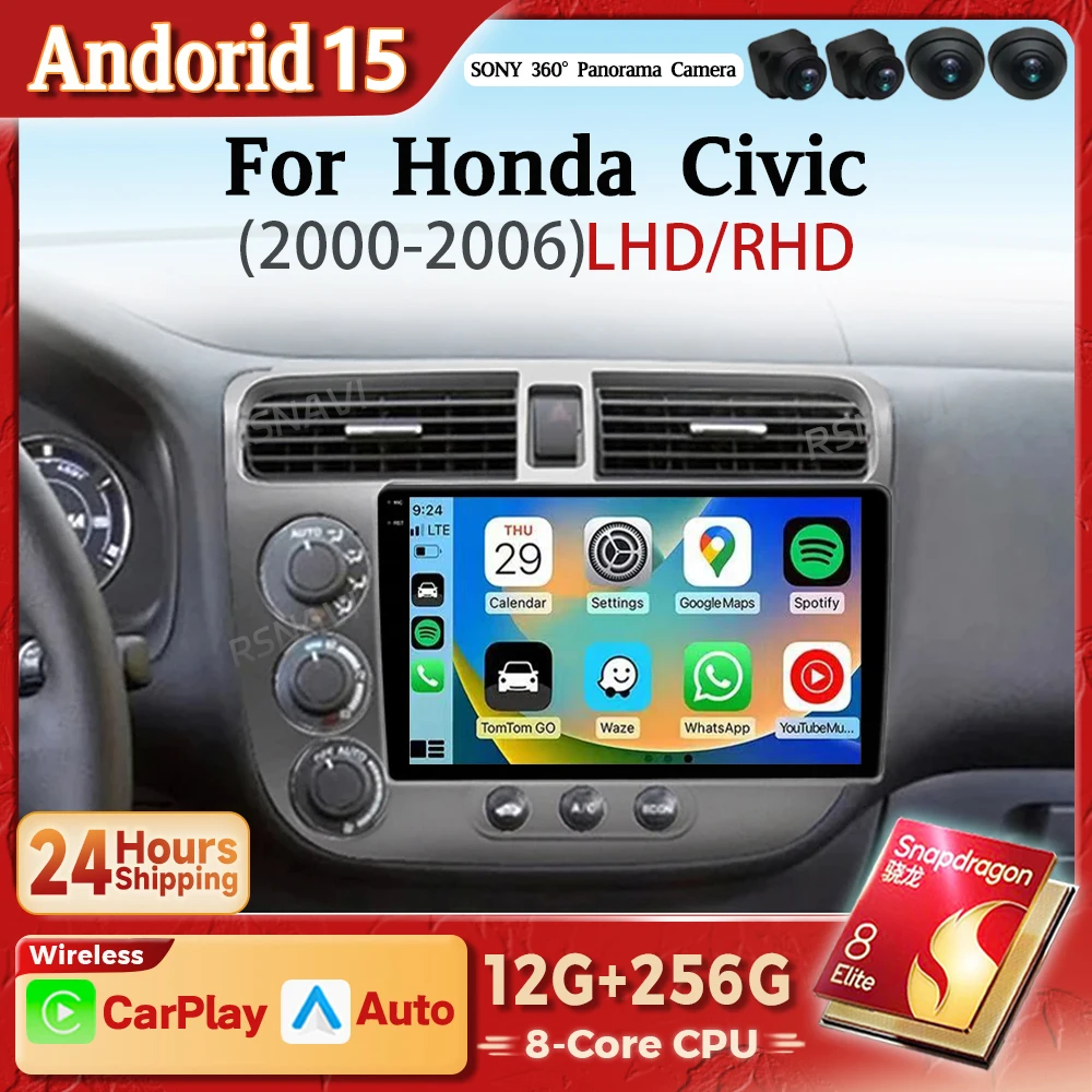 

Android 15 Carplay авто автомобильный радиоприемник мультимедийный плеер для Honda Civic 7 2000-2006 LHD навигация авторадио стерео 2din головное устройство