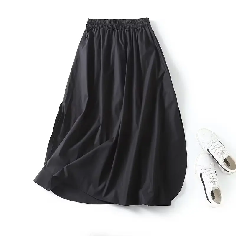 

Withered Autumn New British Black High Waist Midi Skirt Fashion Ladies Slit Simple Elegant Cotton Skirt Women