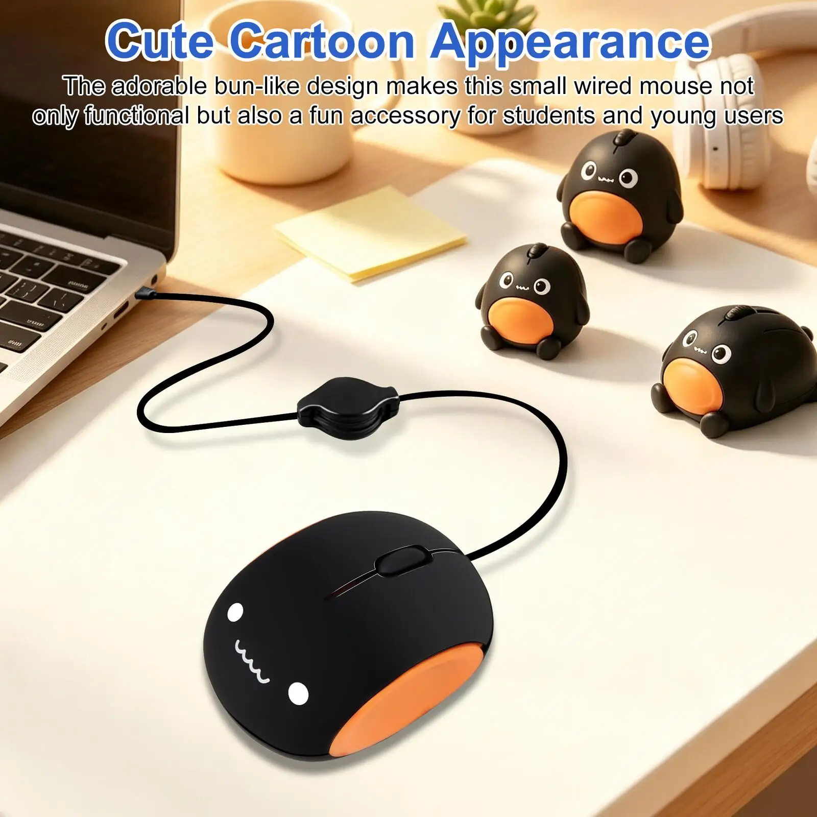 Type‑C Retractable Cable Wired Mutet Mouse Cartoon Cute Ergonomic Portable Travel Mouse For Laptop Tablet PC Windows Mac OS