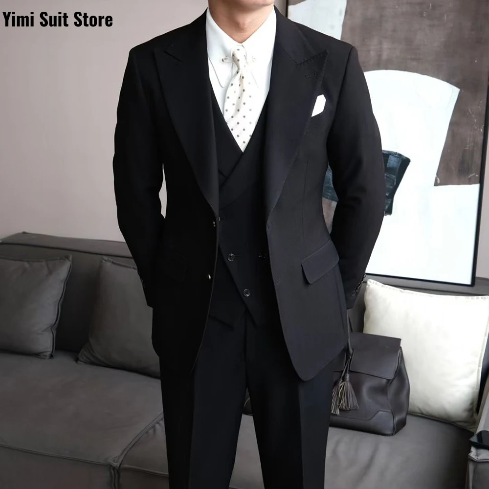 블랙 고품질 남성 정장 세트 3피스 원버스트 비즈니스 연회 사회자 사무실 남성 정장 신랑 예복 웨딩 정장 세트