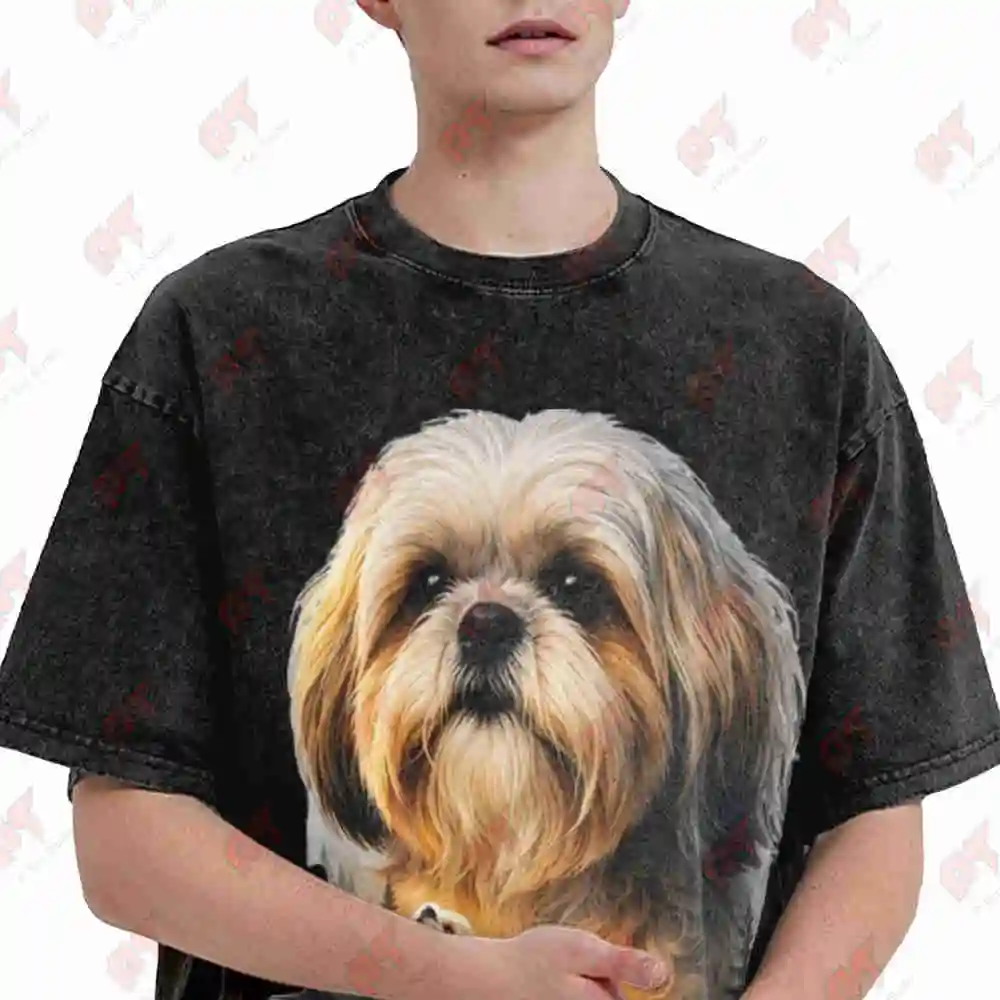 Shih Tzu Howling Moon Vintage Washed Tee Pure Cotton T-Shirt