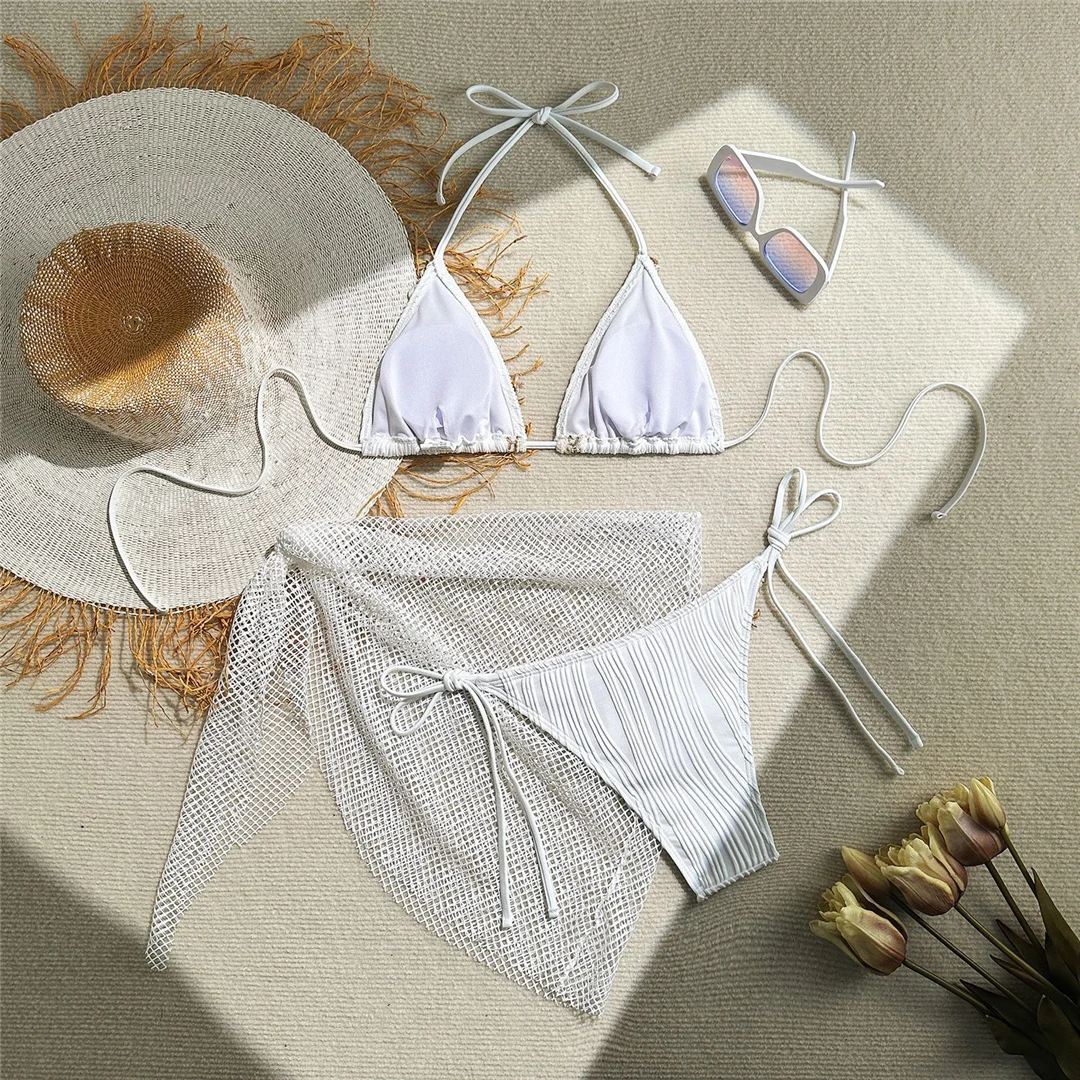 Neu mit Sarong-Oberteil, hoch geschnittenem Bikini, dreiteiligem Bikini-Set, Damen-Badeanzug, Badebekleidung, Badeanzug, Schwimmanzug V6215 – Detail 39