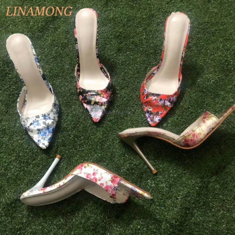 Floral Snake Print Satin Leather Pointed Toe Stiletto Heel Mule Sandals Slip On Open Back Party Bridal Evening Summer Streetwear