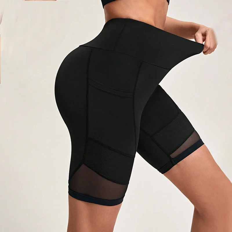 High Waist Mesh Yoga Shorts with Pockets Shorts for Women Tummy Control Workout Shorts for Women