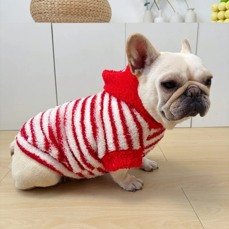

French Bulldog Winter Holiday Celebration Red Hat Striped Dog Clothes for Bullmastiff Pug Fat Dog Pet Apparel Casual Sle
