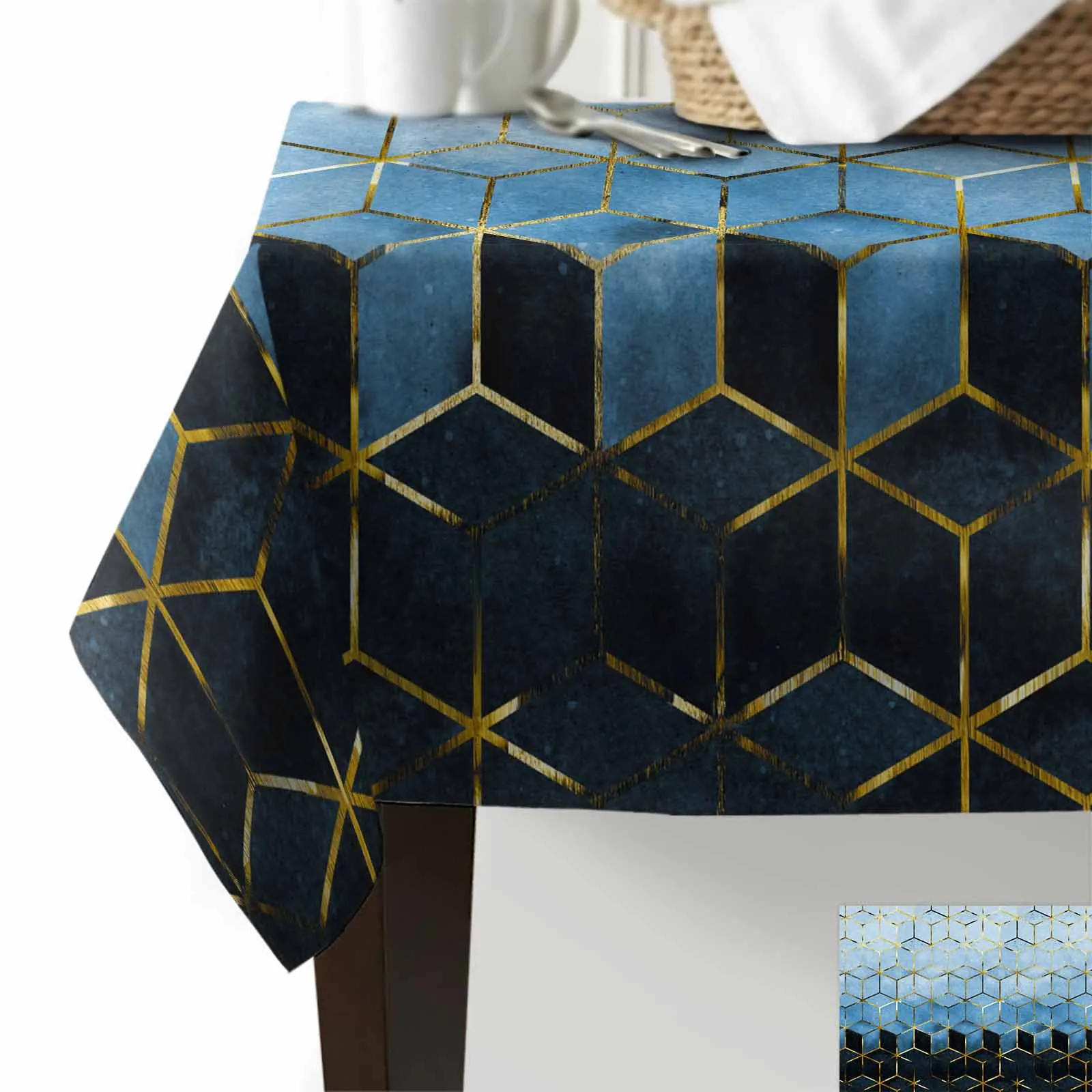 Abstract Art 3D Geometric Patterns In Blue Anti-scalding Waterproof Tablecloth Rectangular Round Table Cover Kitchen Furnishings