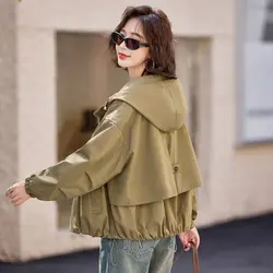 High-End Hooded Jacket Versatile Loose Jacket Women's Solid Button Pocket Casual Patchwork Contrasting SweaterShirt  Brown Coats