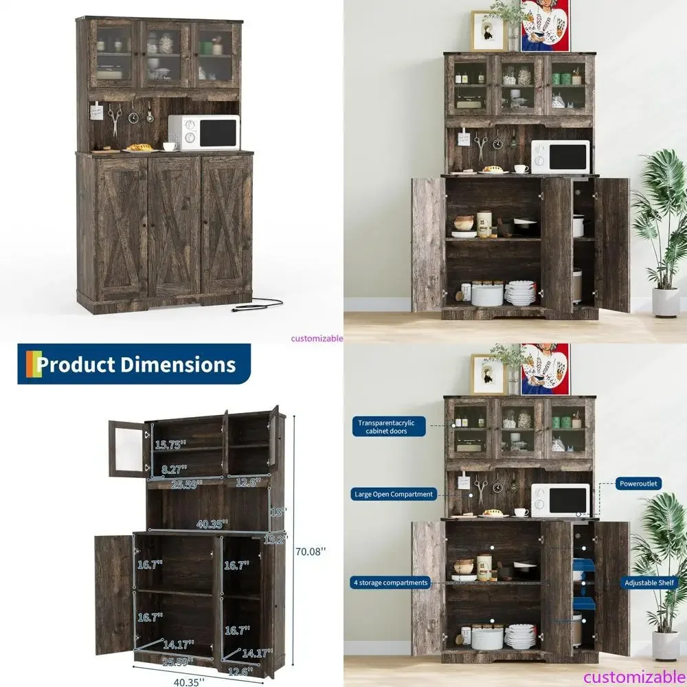 

Farmhouse Style Tall Pantry Cabinet with Built-in Charging Station, Microwave Stand and Coffee Bar Display Storage