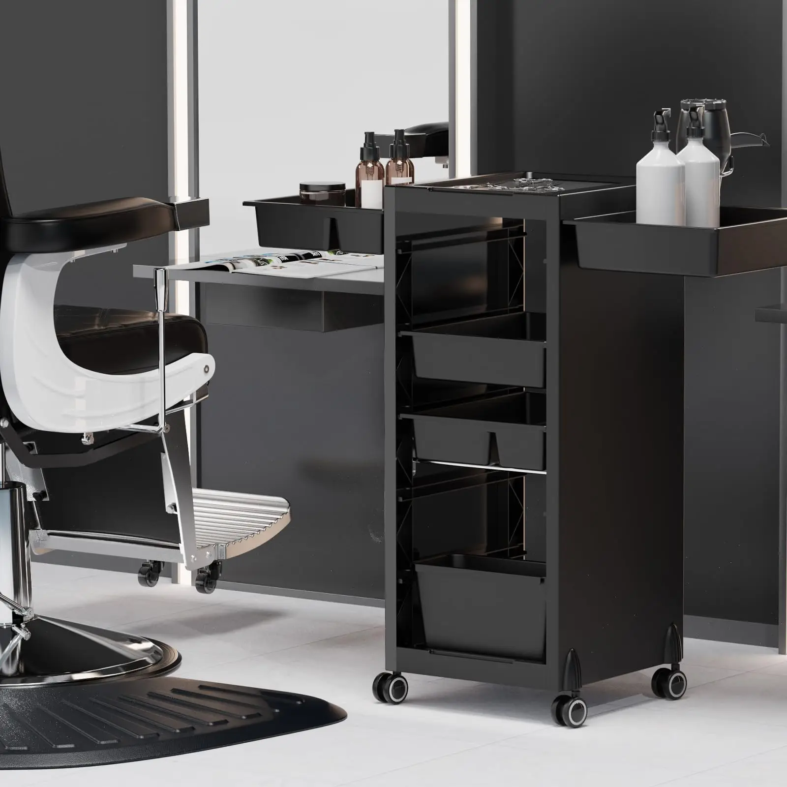 Salon Trolley Cart with 4 Drawers & 2 Baskets, Rolling Hair Cart Organizer for Stylist, Mobile Storage Station with