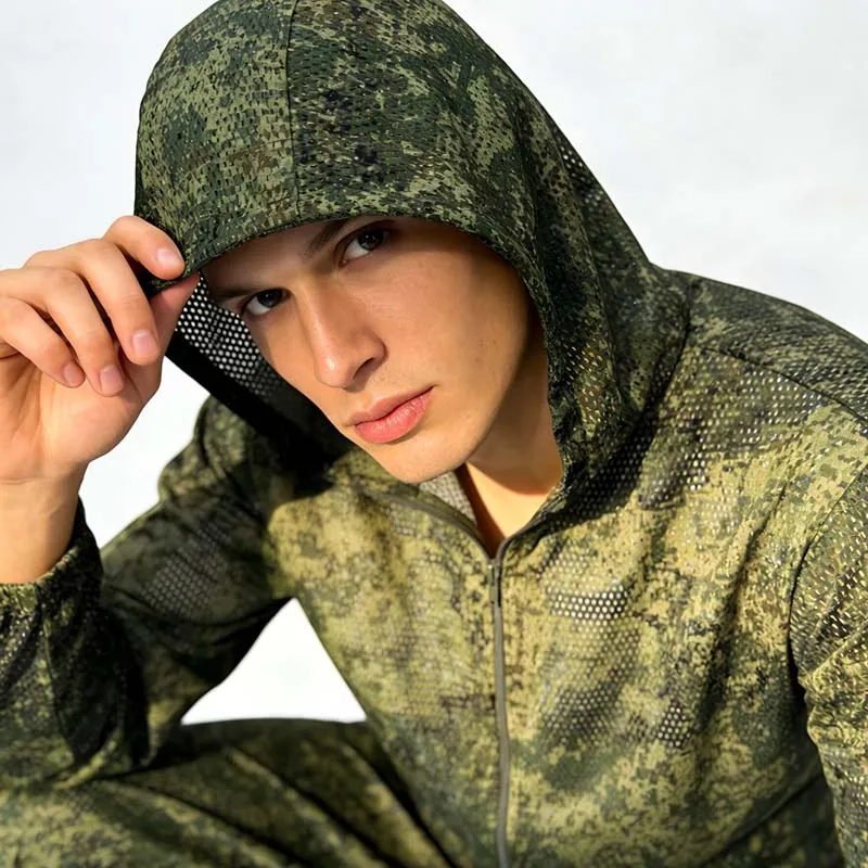 Outdoor Taktisches Set Sommer Atmungsaktive Kapuzenpullover-Sets Tarnmuster Netz Jagd Airsoft Leichtgewicht Kapuzenjacke & Hose | Herren- und Kinderanzug – Detail 9