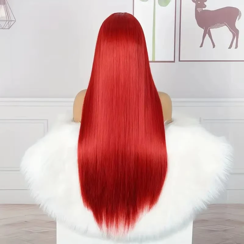Red Center-Parted Long Straight Synthetic Wig - Halloween Cosplay Costume Wig - Daily Party Wig - Hot Wire Wig Headband image 5