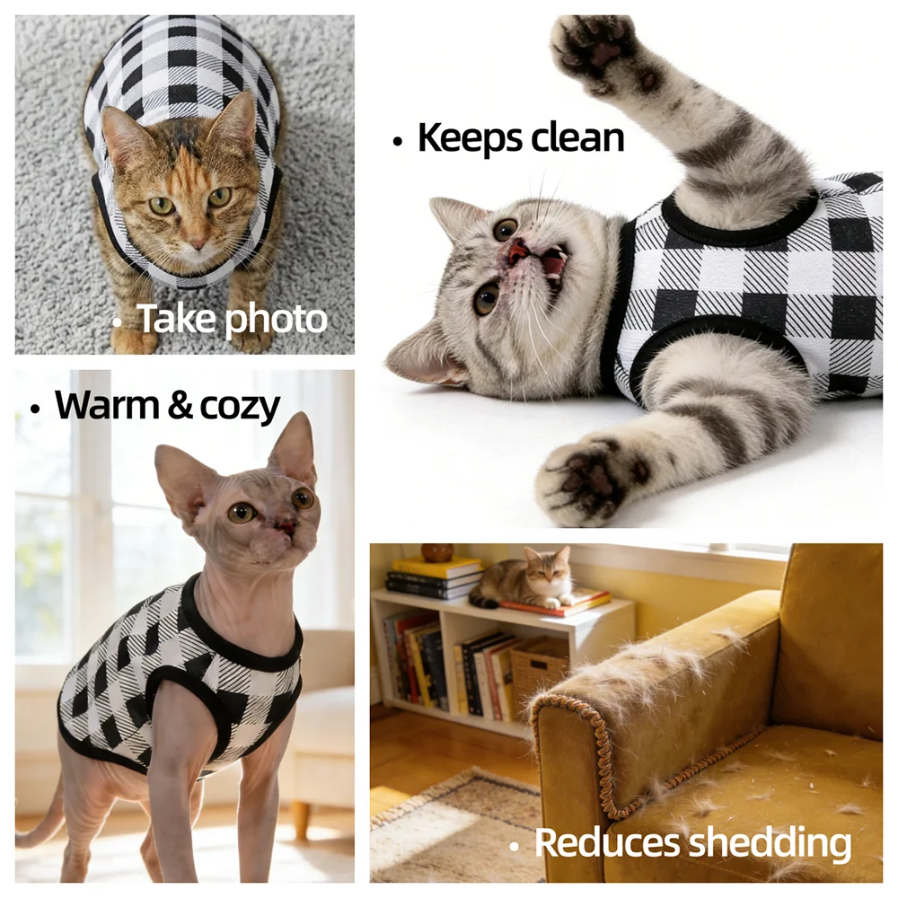 Weiche Katzenkleidung, atmungsaktiv, mit Karomuster, ärmellose Haustierweste, gemütliches Kätzchenhemd für kleine und mittelgroße Hunde, Katzen, Welpen, Sphynx-Bekleidung – Detail 2