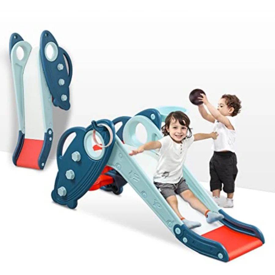 

Slide for Toddlers Age 1-3 Indoor Baby Plastic Slide Outdoor Climber Freestanding Playset with Basketball Hoop and Ring Game Bl