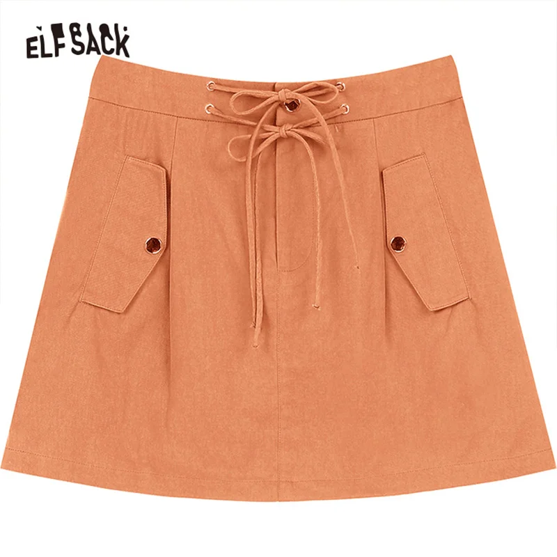 ELFSACK 2024 summer new arrival Orange A-line high waist slimming workwear American style drawstring skirt for women