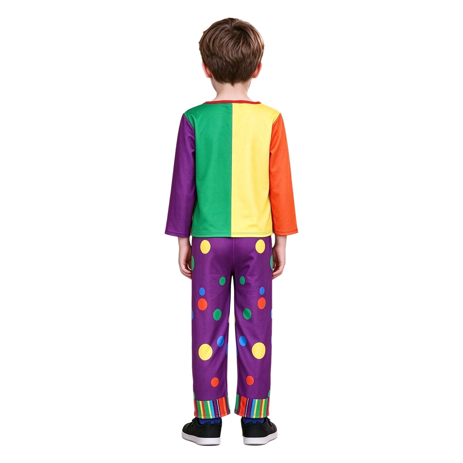 Kids Boys Girls Clown Cosplay Costume Halloween Outfit Long Sleeve Top with Pants Hat and Nose Sets for Cosplay Party Dress Ups