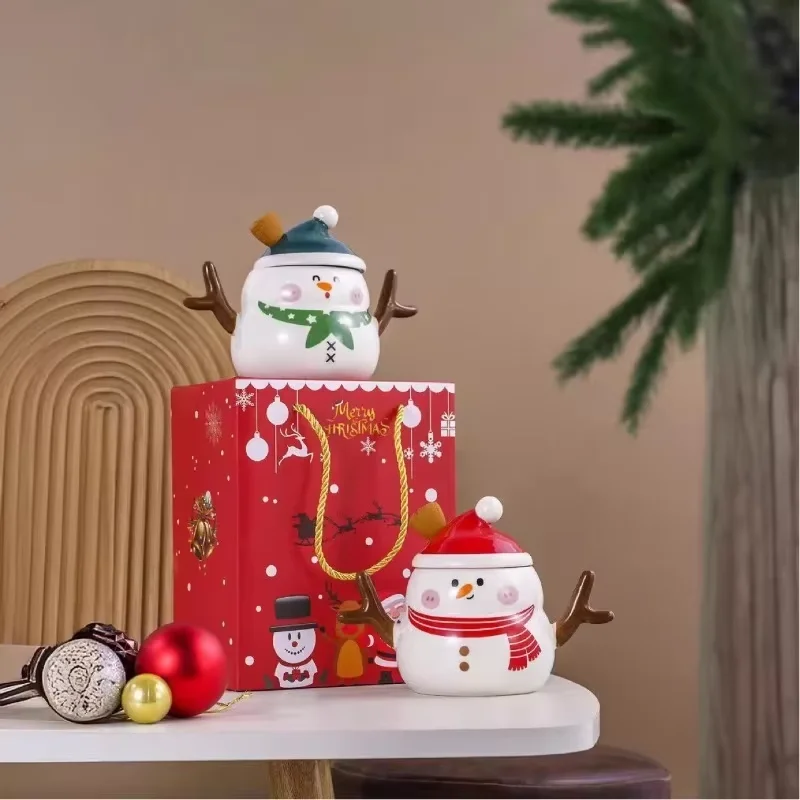 Christmas ceramic cup with lid spoon, creative and innovative cartoon modeling cup, Christmas snowman mug, large-capacity water