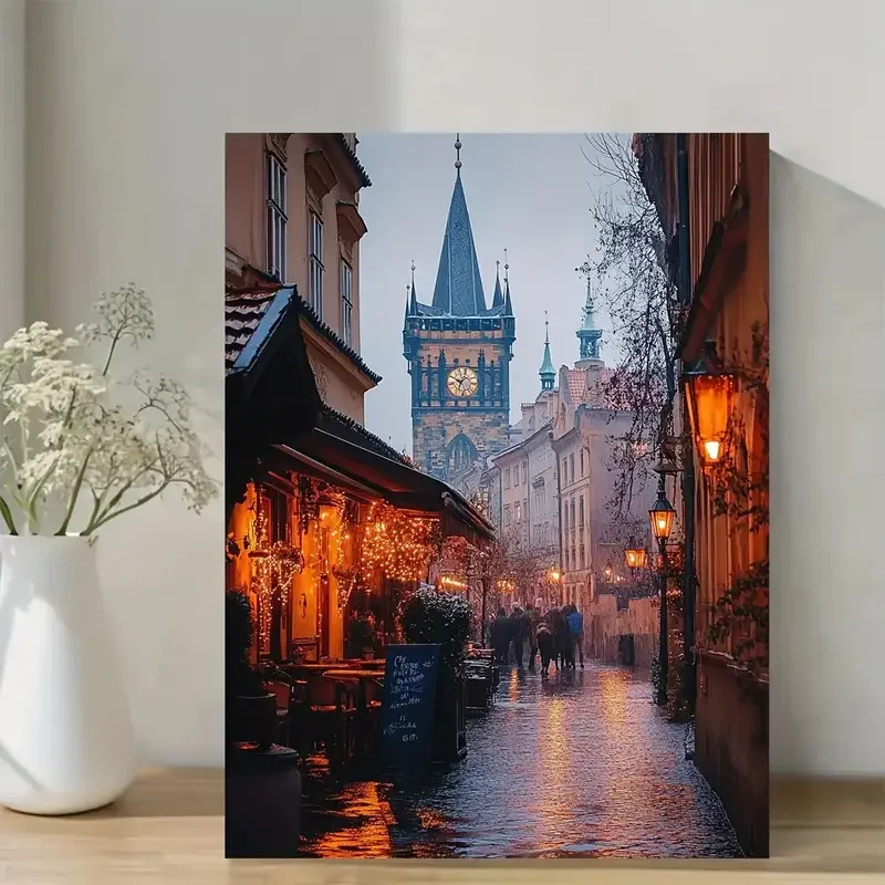 [2D Flat] 1pc Old Prague Cityscape Canvas Painting - Vintage Czech Republic Wall Art with Recycled No Frame, Textured Surface