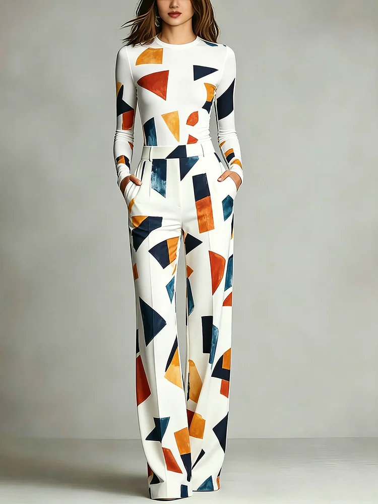 

Women's Fashion 2 Piece Set Long Sleeve Top & Wide Leg Pants Geometric Print With Pocket Artistic Style Casual Street Outfit Set