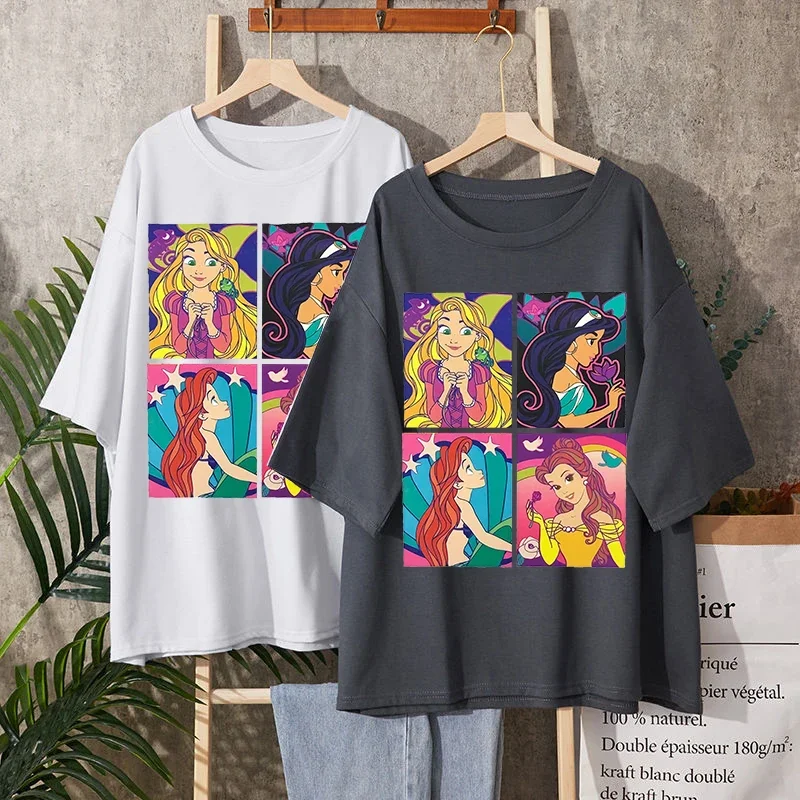 2023 New Women T-shirt Ariel Princess Mermaid Print Short Sleeve TShirt Harajuku Summer Casual Streetwear Disney Y2k Clothes Top