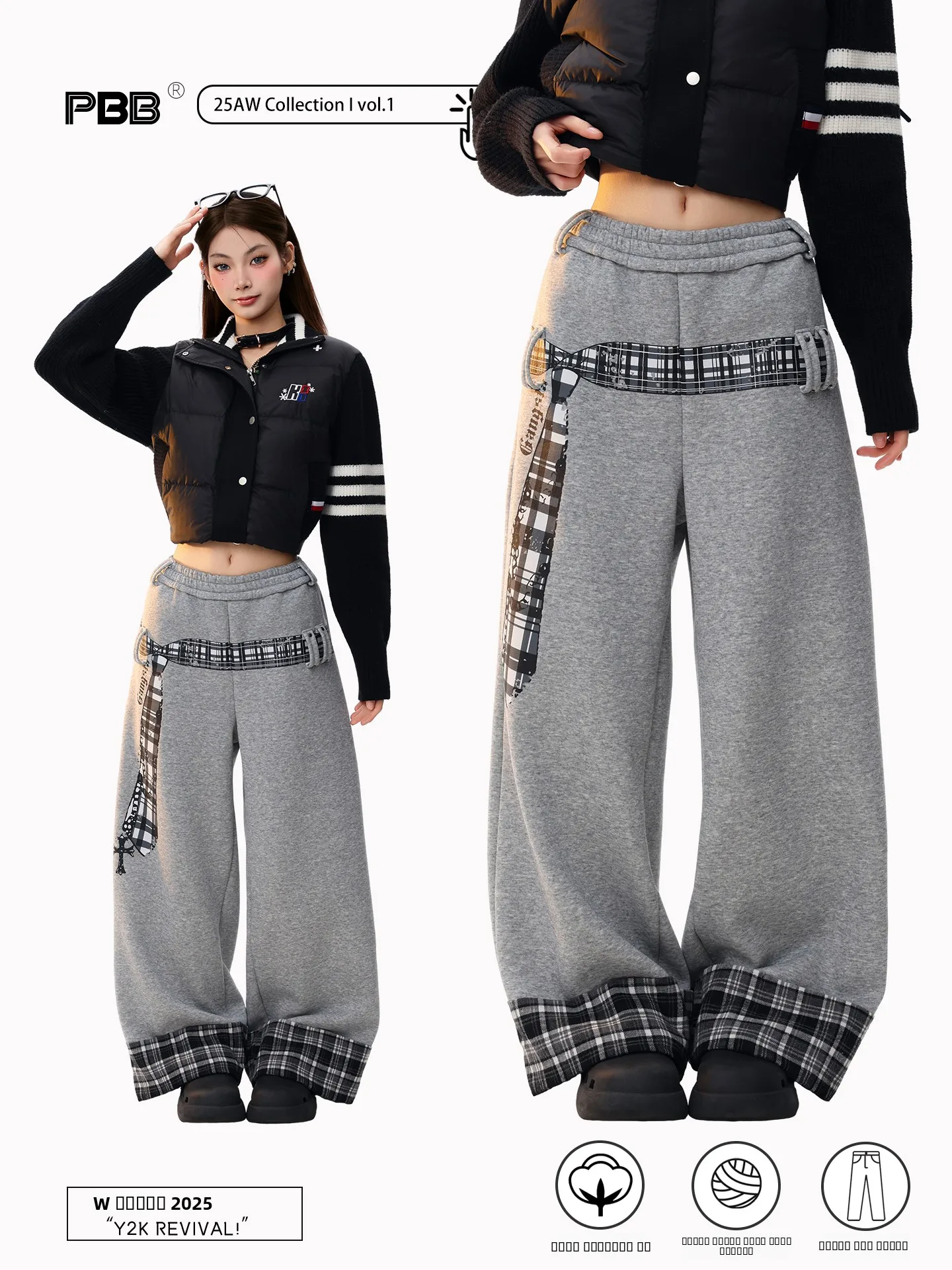 

Женские повседневные брюки PBB с высокой талией, утепленные флисом, широкие, в американском ретро-стиле, с клетчатыми вставками, с манжетами, из хлопка