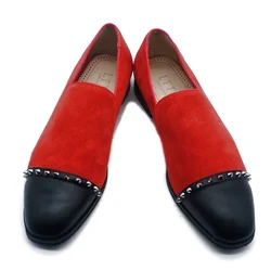 Italy Stylish Red Suede Shoes Men Rivets Loafers Handmade Leather Shoes Mens Dress Shoes Slip On Casual Shoes