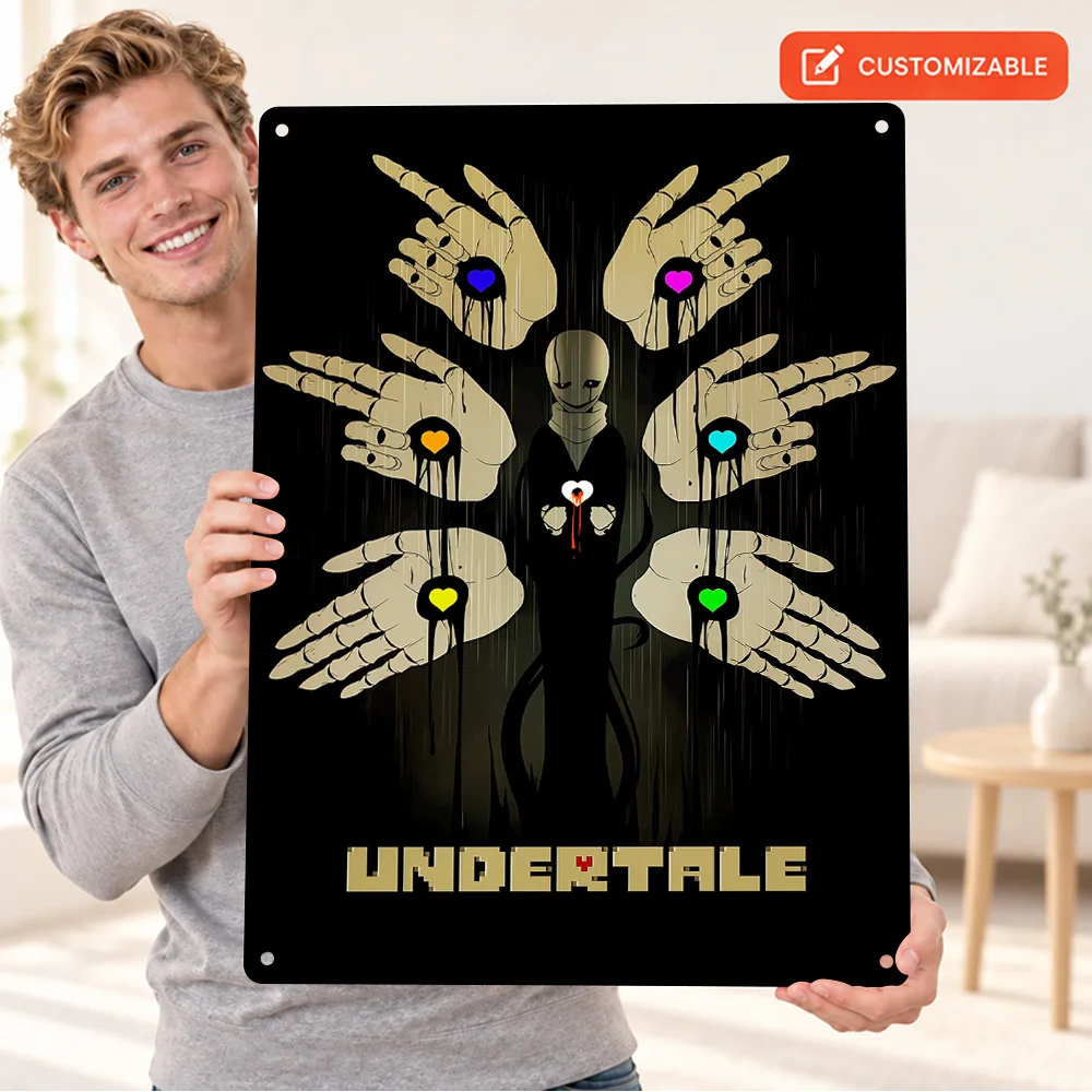 Undertale Textured Metal Poster Customized Aluminum Sign Seven Colored Hearts Illustration Wall Art For Bedroom Game Fan Gift