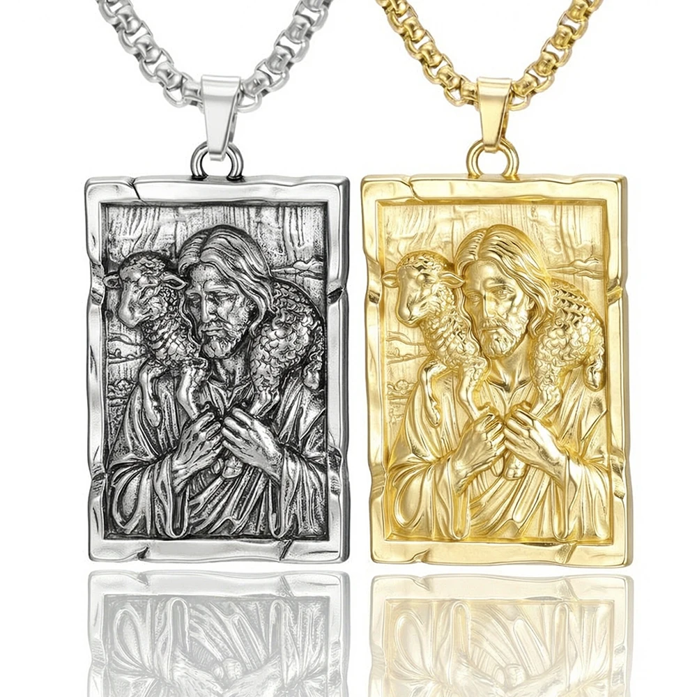 Jesus Shepherd Necklace Agnus Dei Lamb of God Christian 3D Sculpted Pendant Catholic Jewelry Stainless Steel Men Necklace