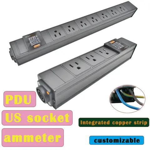 US socket  PDU Power strip network cabinet rack Schuko aviation plug with Ampere meter display screen No extension cable