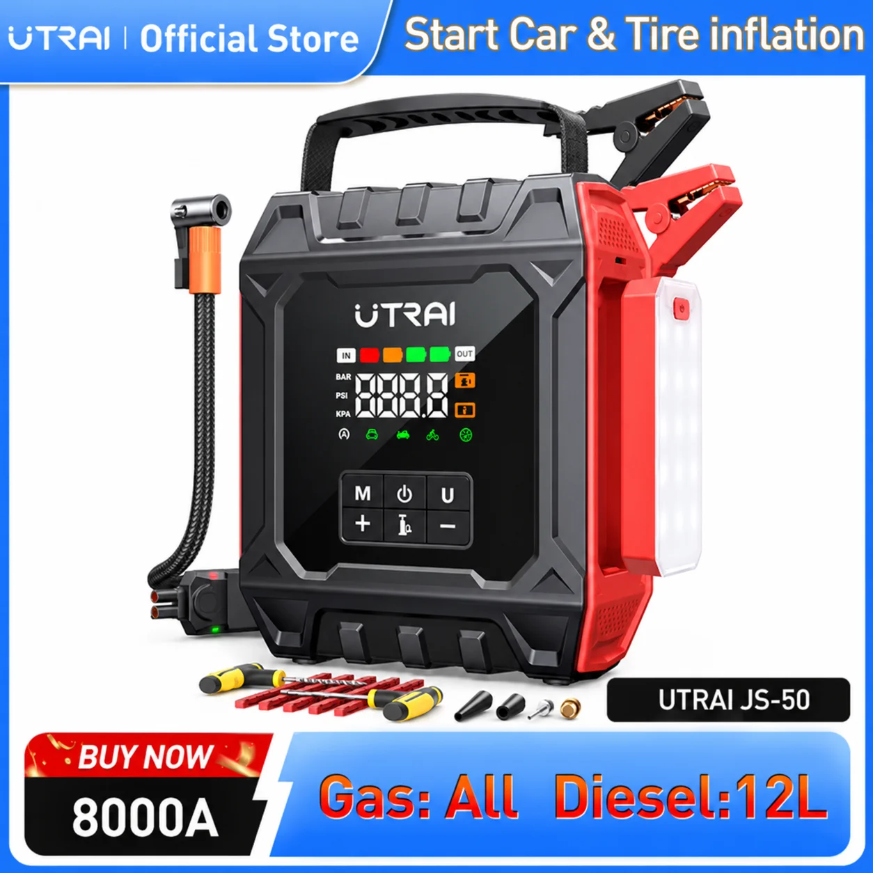 UTRAI 8000A Car Jump Starter with Air Compressor & Removable Magnetic Light Panel & & Outdoor Camping Lights Emergency Booster