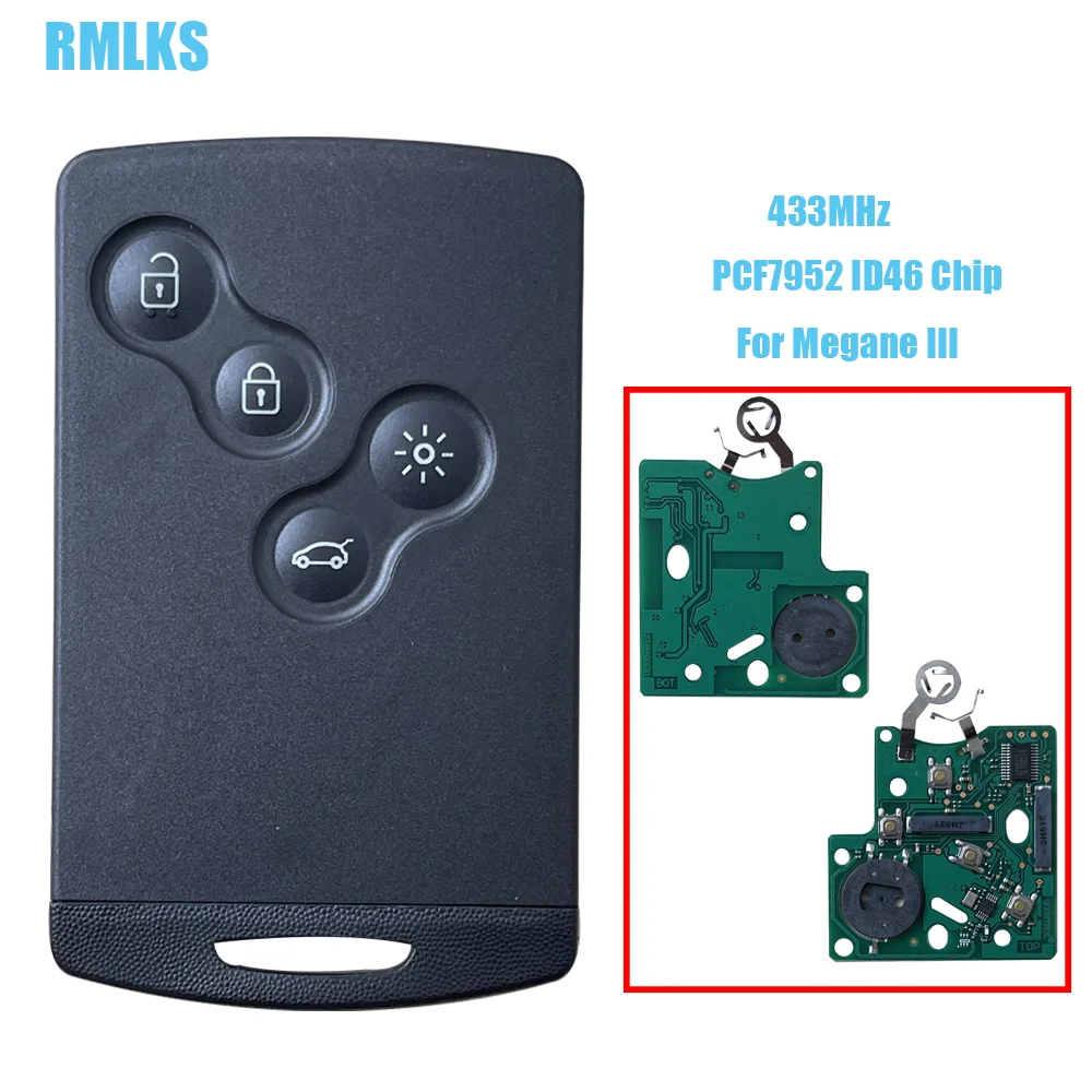 For Renault Megane III Fluence Laguna III Scenic 2009-2015 4 Button Smart Card Car Key Card Fob 433Mhz PCF7952 Chip FSK System