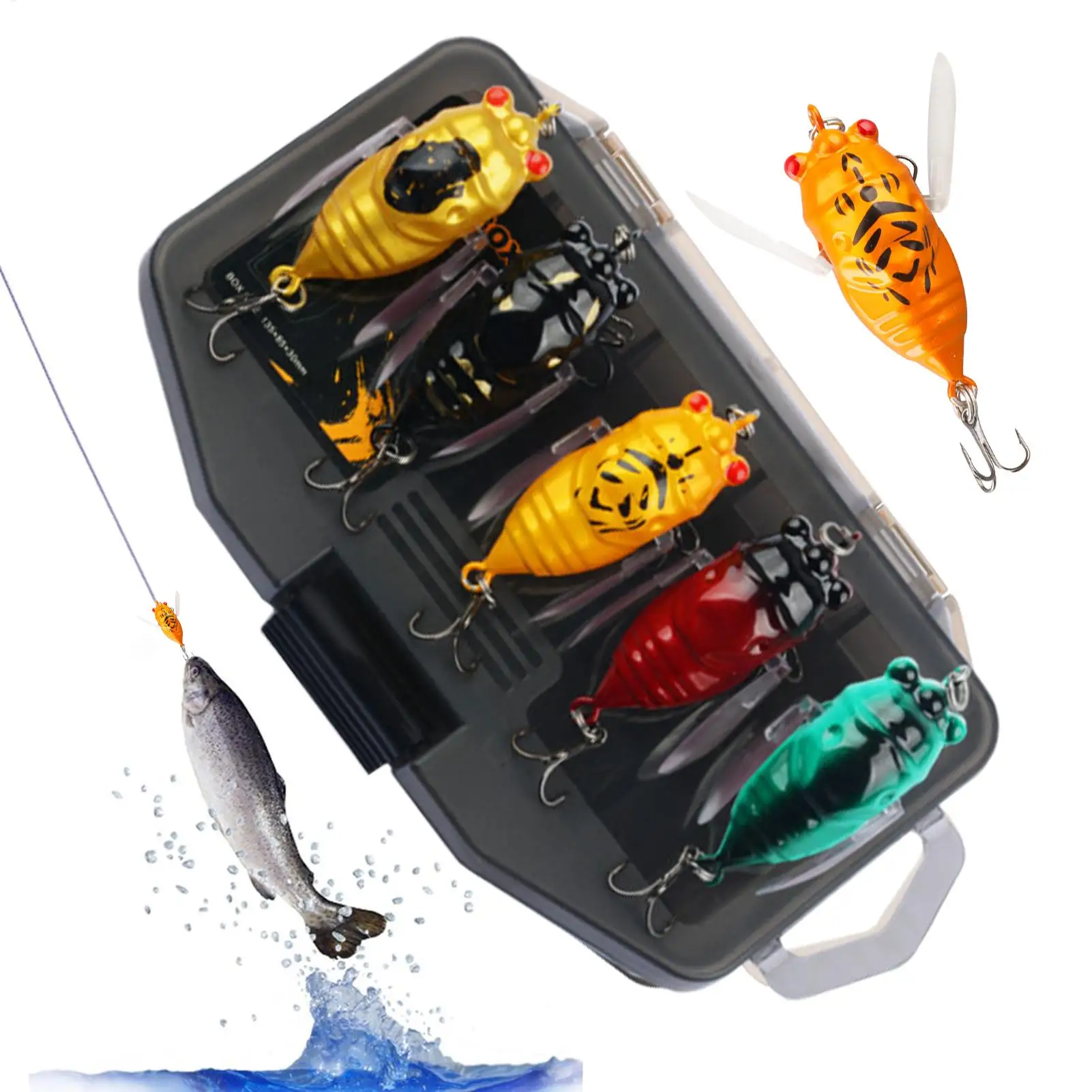 

Рыболовная приманка 3D в форме цикады, рыболовная приманка, 5-компонентный водонепроницаемый набор рыболовных приманок, оборудование с коробкой для хранения для озерного каяка, морской воды