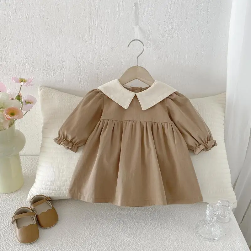 

2026 Spring New Baby Girl Long Sleeve Dress Solid Girls Lapel Princess Dress Infant Cotton Casual Dress Toddler Clothes