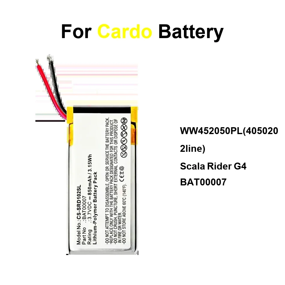 

Надежный аккумулятор BAT00007 WW452050PL(405020 2LINE) 500-900 мАч для Cardo Scala Rider G4 G9 Packtalk Q1 Q3