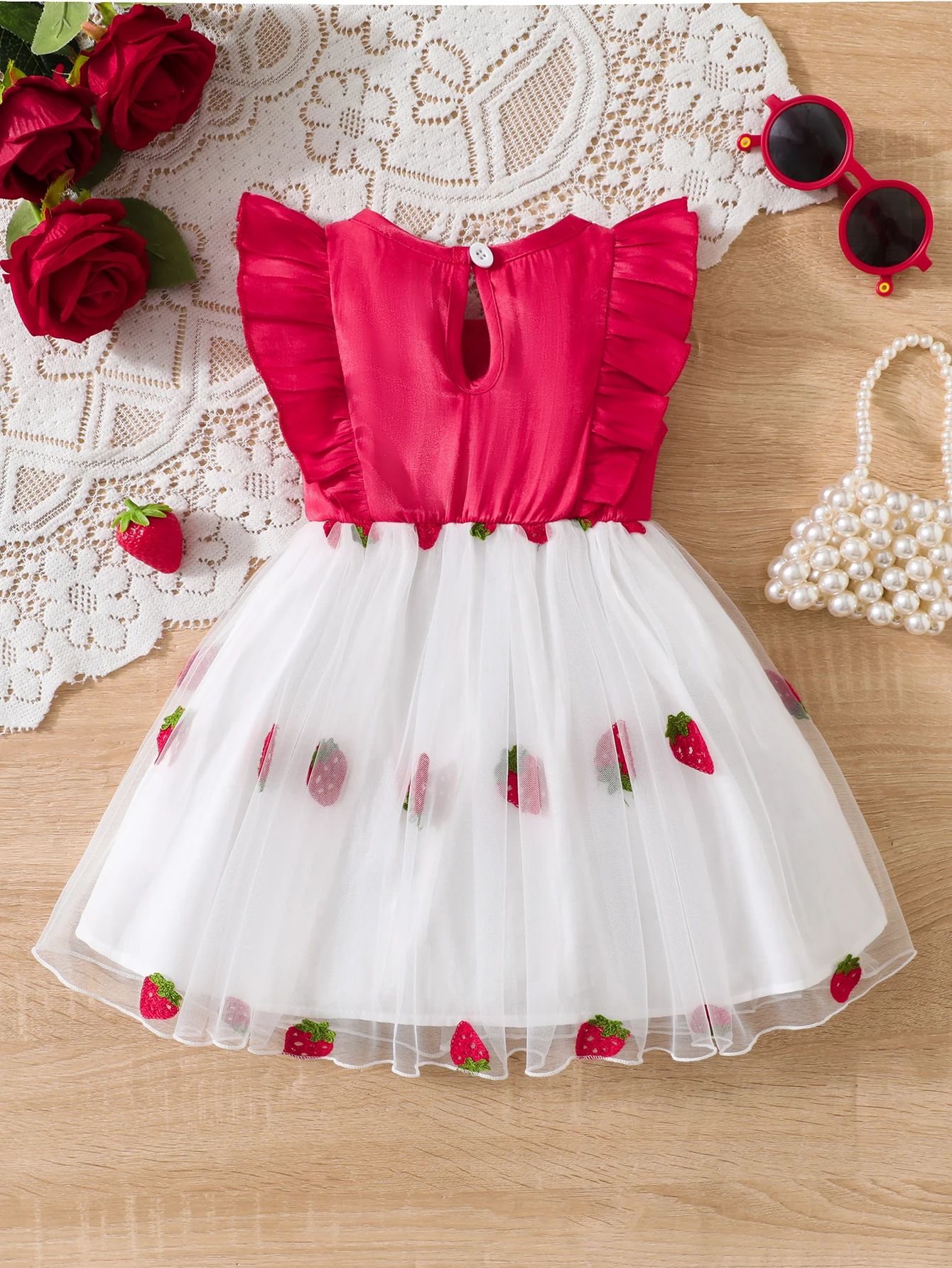 Summer Strawberry Embroidery Net Princess Skirt for Girls Red White Color Block Sleeveless Butterfly Knot Dress