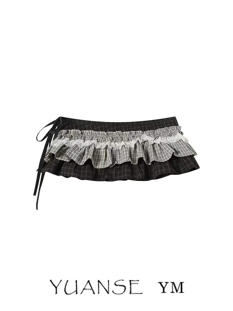 

Yuanse Artistic Plaid Lace Splicing One-Piece Skirt Curtain Women's Fashionable Layered Wear Belted Short Skirt