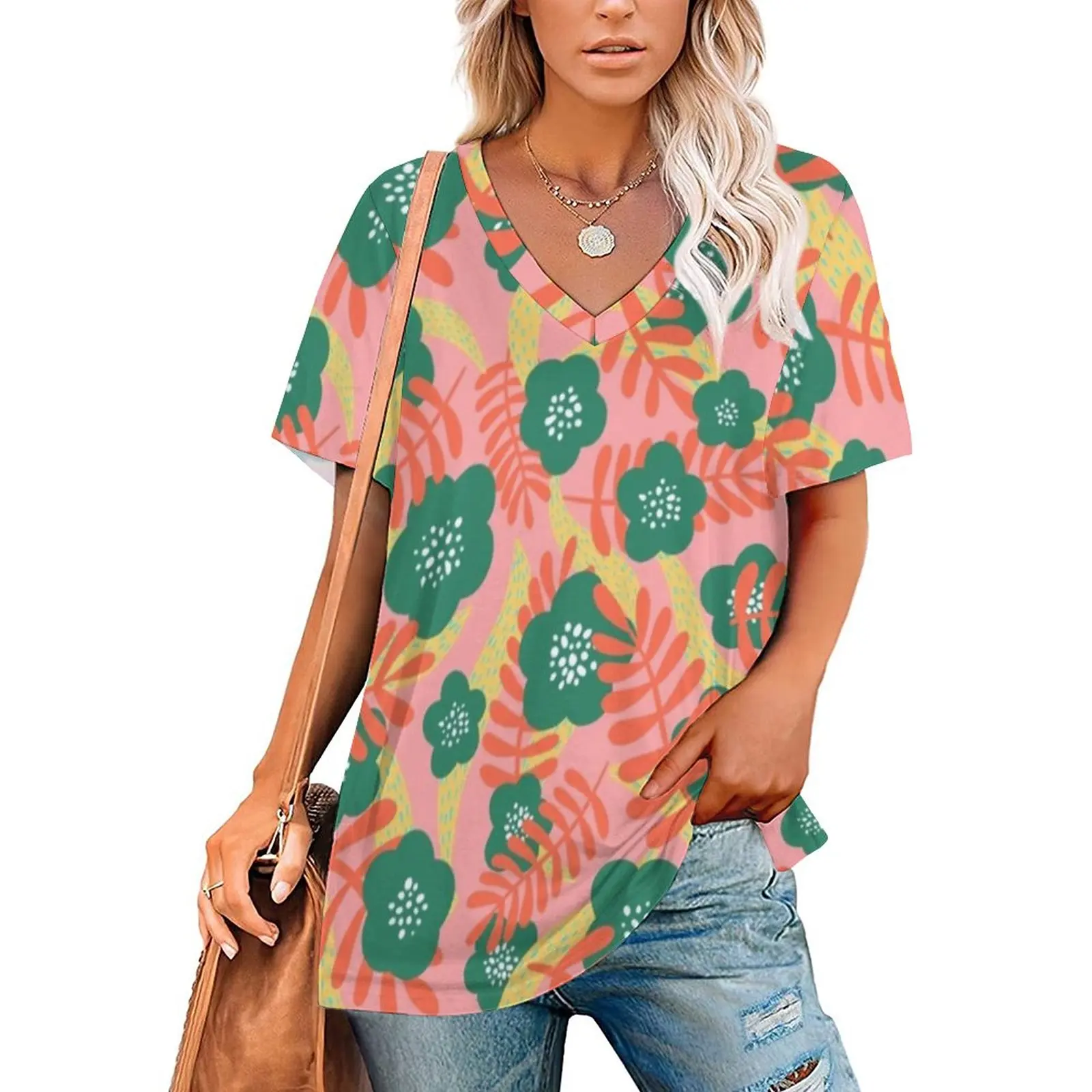 Bright Florals Ruffle Short Sleeve T Shirt Women Summer T Shirts V Neck Tee Tops Floral Flowers Pattern Repeat Pattern Fern