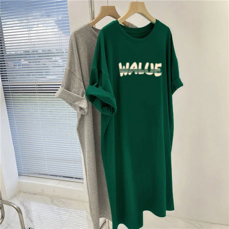 Women Clothing Y2k Letter Printed Tunic, Vintage Casual Loose Pullovers Dress, Summer O-neck Short Sleeve Overknee Dresses