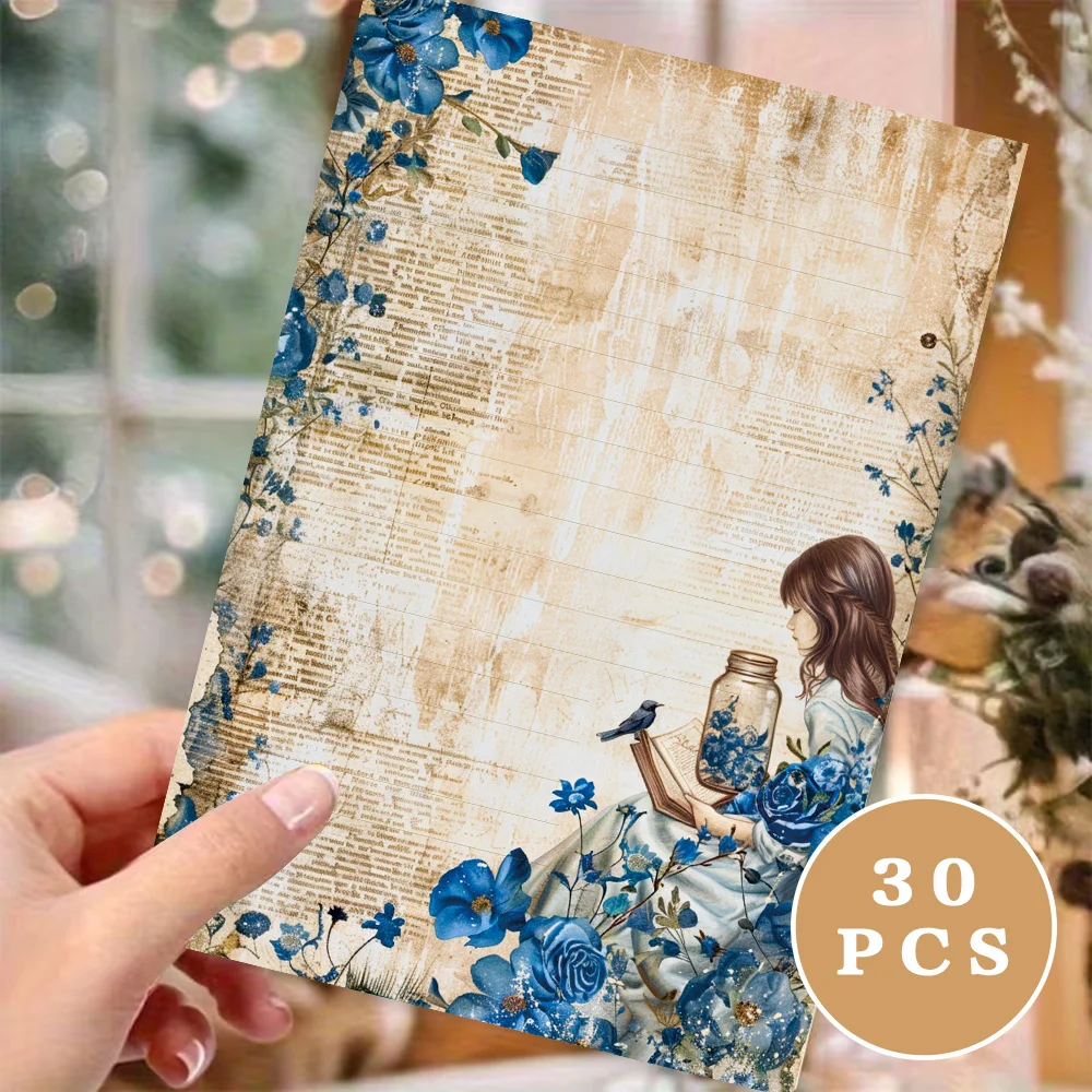 30 Sheets. B5 Vintage Blue Floral Stationery Paper, Watercolor Style Letter Paper, Tearable Notepad, Perfect For Writing Letters