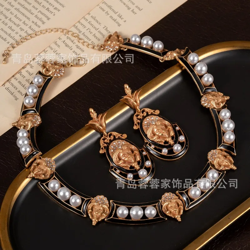 Niche European Vintage Egyptian Portrait Stud Earrings & Heavy Craft Pearl Necklace, Elegant Light Luxury Women Matching Jewelry