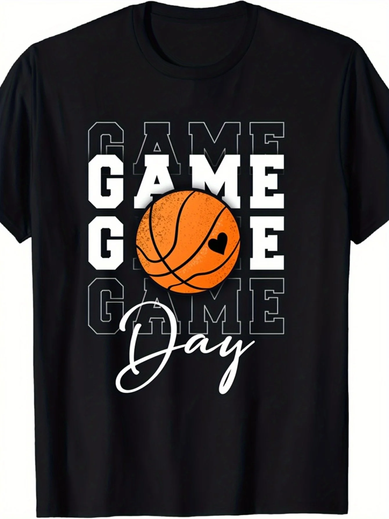 تي شيرت رجالي ونسائي ثقيل الوزن لعبة كرة السلة - تي شيرت بأكمام قصيرة ورقبة دائرية مع طباعة طوابع ساخنة كبيرة الحجم