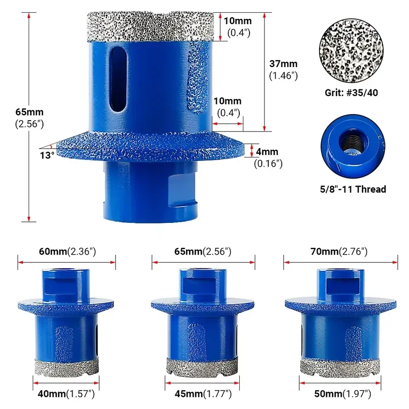5/8-11 40-50mm Diamond Hole Saw - Countertop Basin/Sink Drill for Tile/Quartz/Marble - Angle Grinder Attachment