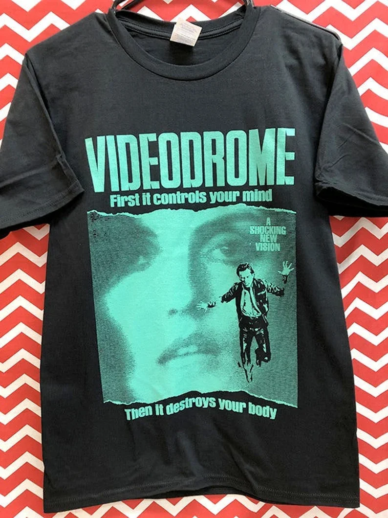 VIDEODROME - Movie Shirt Black Short Sleeved T-shirt with Themed Pattern, Featuring Iconic Green Text and Facial Print