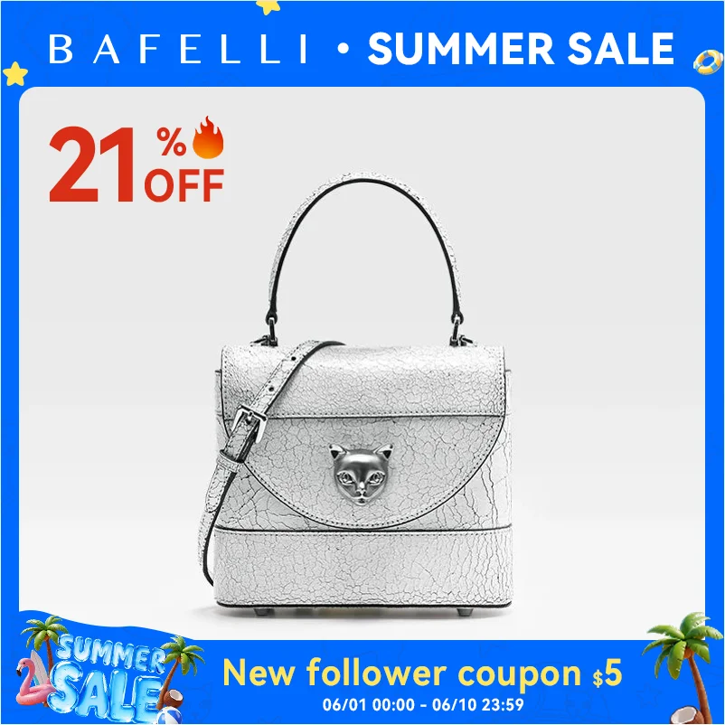 

BAFELLI 2026 New Arrival: Unique Cracked Leather Shoulder Bag with Cat Head Design, Luxury Brand Mini Crossbody Bag